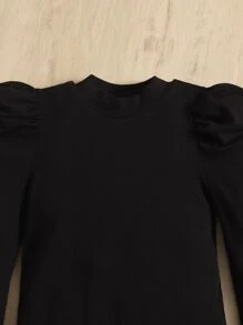 SHEIN Girls Solid Puff Sleeve Tee & Houndstooth Belted Trousers Set - Multicolor - View 3