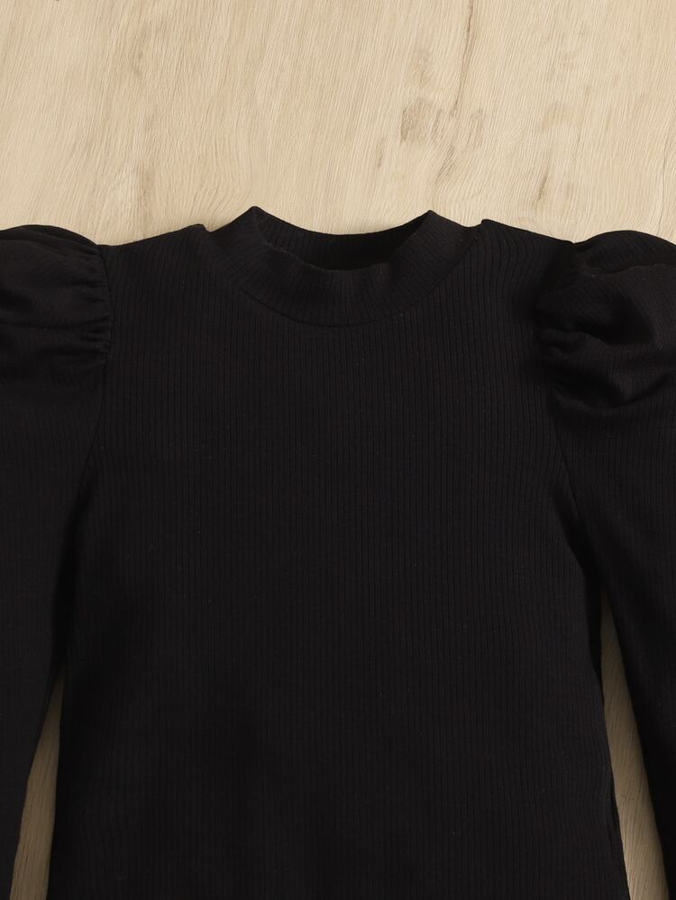 SHEIN Niñas Conjunto Camiseta unicolor de manga farol & Pantalones de pata de gallo con cinturón - Multicolor - Añade 3