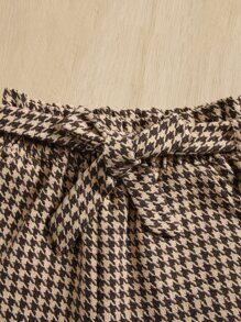 SHEIN Girls Solid Puff Sleeve Tee & Houndstooth Belted Trousers Set - Multicolor - View 4