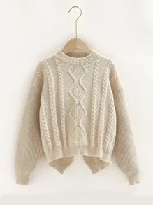 Girls Drop Shoulder Asymmetrical Hem Cable Knit Jumper - Khaki - View 1