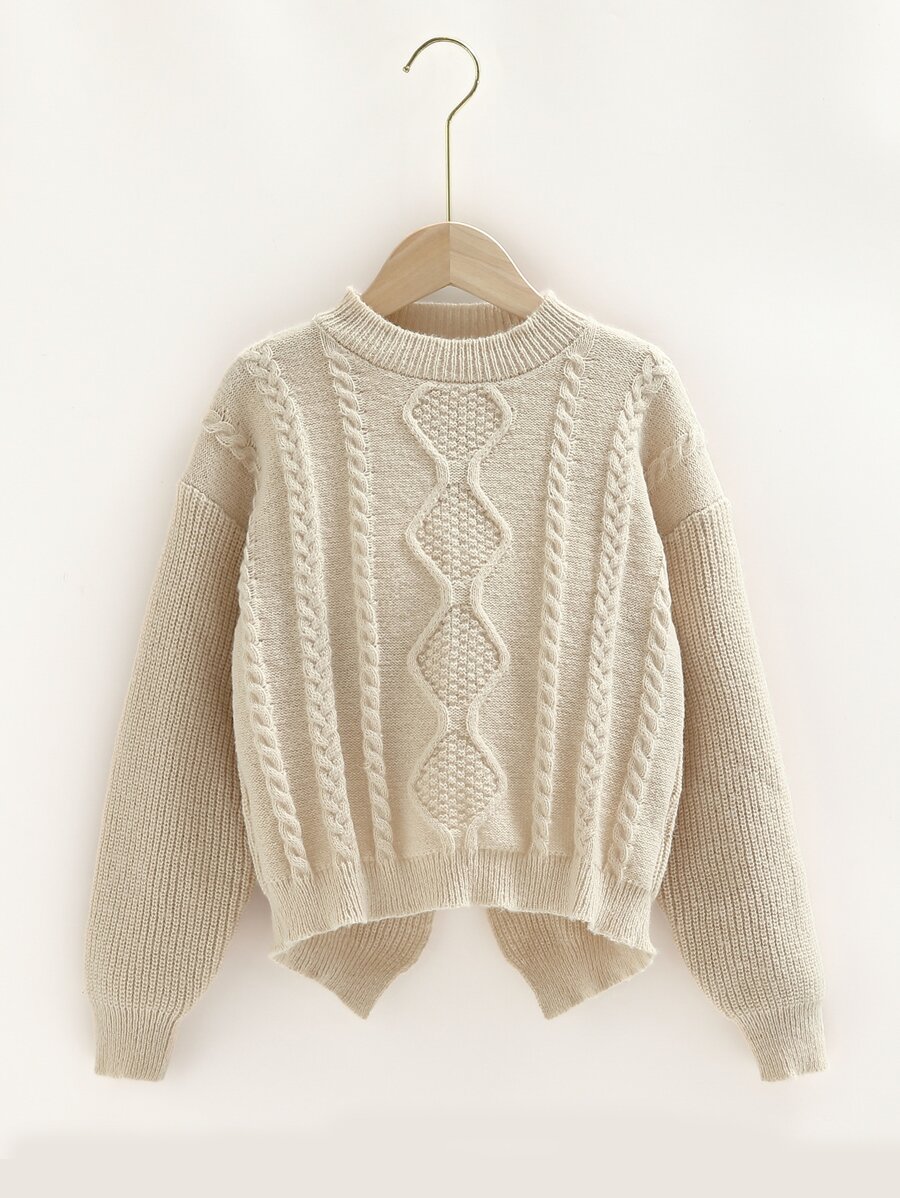 Girls Drop Shoulder Asymmetrical Hem Cable Knit Jumper - Khaki - View 1