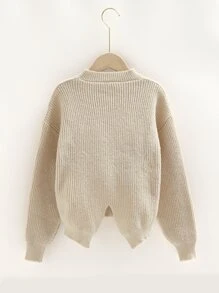 Girls Drop Shoulder Asymmetrical Hem Cable Knit Jumper - Khaki - View 2