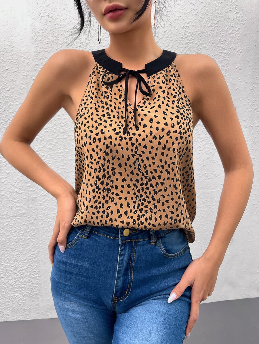 SHEIN Clasi Leopard Print Tie Neck Blouse - Multicolor - View 1