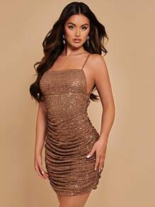 SHEIN BAE Ruched Side Sequins Bodycon Dress - Coffee Brown - View 6