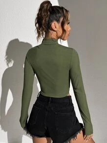 Flirla Áo thun nữ Dây kéo Gân đan màu trơn Giải trí - xanh quân đội - Xem 2