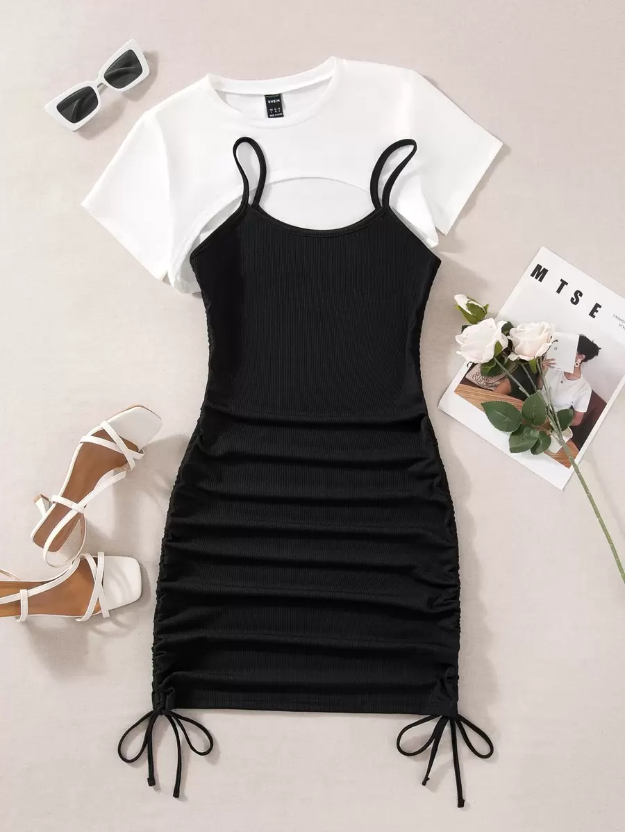 SHEIN Unity Bộ đồ hai mảnh nữ Dây kéo Xù màu trơn Giải trí - Đen và trắng - Xem 1