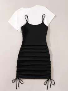 SHEIN Unity Bộ đồ hai mảnh nữ Dây kéo Xù màu trơn Giải trí - Đen và trắng - Xem 2