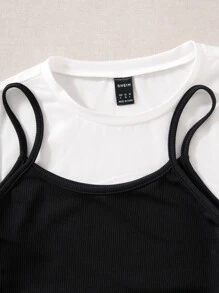 SHEIN Unity Bộ đồ hai mảnh nữ Dây kéo Xù màu trơn Giải trí - Đen và trắng - Xem 8