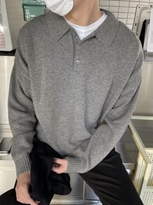 DAZY Men 1pc Polo Neck Drop Shoulder Jumper - Grey - View 1