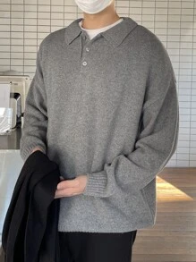 DAZY Men 1pc Polo Neck Drop Shoulder Jumper - Grey - View 2