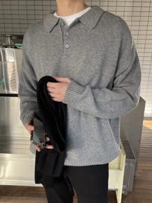 DAZY Men 1pc Polo Neck Drop Shoulder Jumper - Grey - View 3