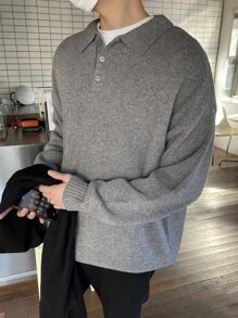 DAZY Men 1pc Polo Neck Drop Shoulder Jumper - Grey - View 5