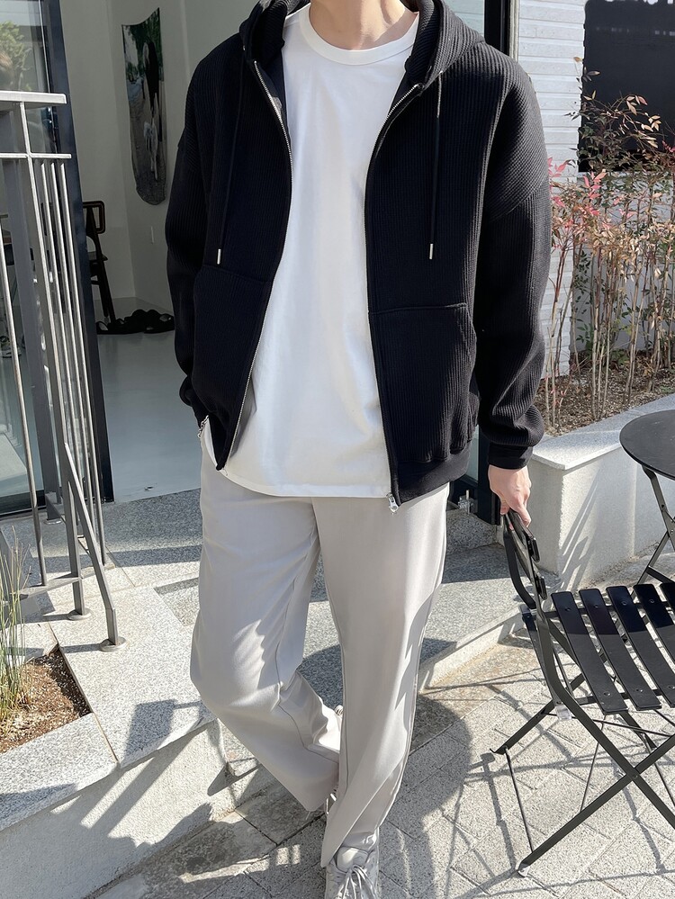 DAZY Men Drop Shoulder Zip Up Hoodie - Black - View 8