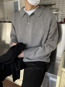 DAZY Men 1pc Polo Neck Drop Shoulder Jumper - Grey - View 6