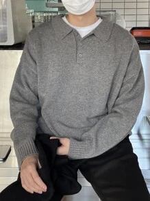 DAZY Men 1pc Polo Neck Drop Shoulder Jumper - Grey - View 7