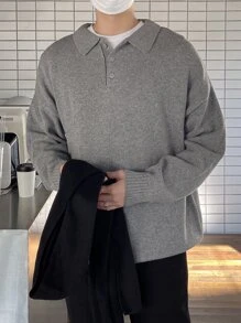 DAZY Men 1pc Polo Neck Drop Shoulder Jumper - Grey - View 8