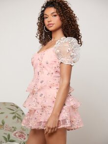 SHEIN Contrast Floral Embroidery Mesh Sweetheart Neck Puff Sleeve Layered Hem Romper - Multicolor - View 3