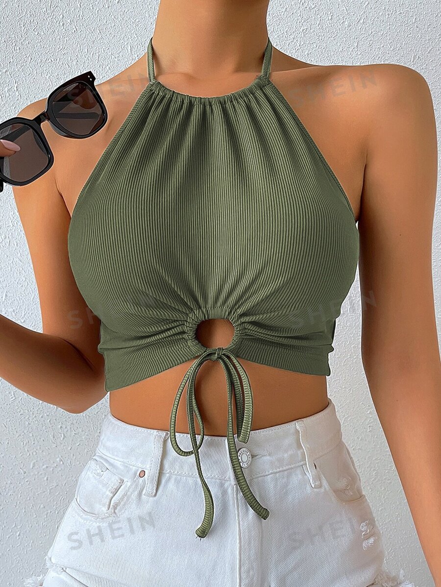 Chiquease Top halter corto con nudo de cordón delantero tejido de canalé - Verde militar - Ver 1