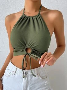 Chiquease Drawstring Knot Front Rib-knit Crop Halter Top - Army Green - View 5
