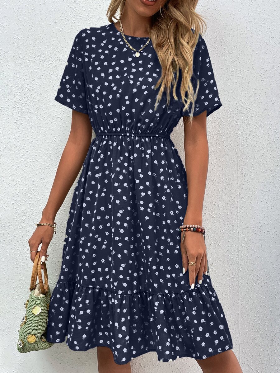 SHEIN LUNE Ditsy Floral Print Ruffle Hem Dress - Navy Blue - View 1