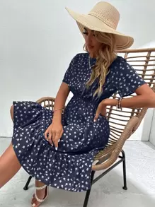 SHEIN LUNE Ditsy Floral Print Ruffle Hem Dress - Navy Blue - View 3