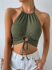 Chiquease Drawstring Knot Front Rib-knit Crop Halter Top - Army Green - View 4