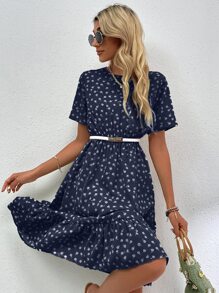 SHEIN LUNE Ditsy Floral Print Ruffle Hem Dress - Navy Blue - View 4
