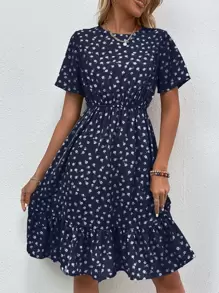 SHEIN LUNE Ditsy Floral Print Ruffle Hem Dress - Navy Blue - View 5