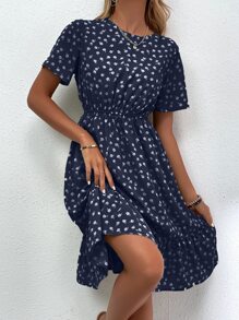 SHEIN LUNE Ditsy Floral Print Ruffle Hem Dress - Navy Blue - View 6