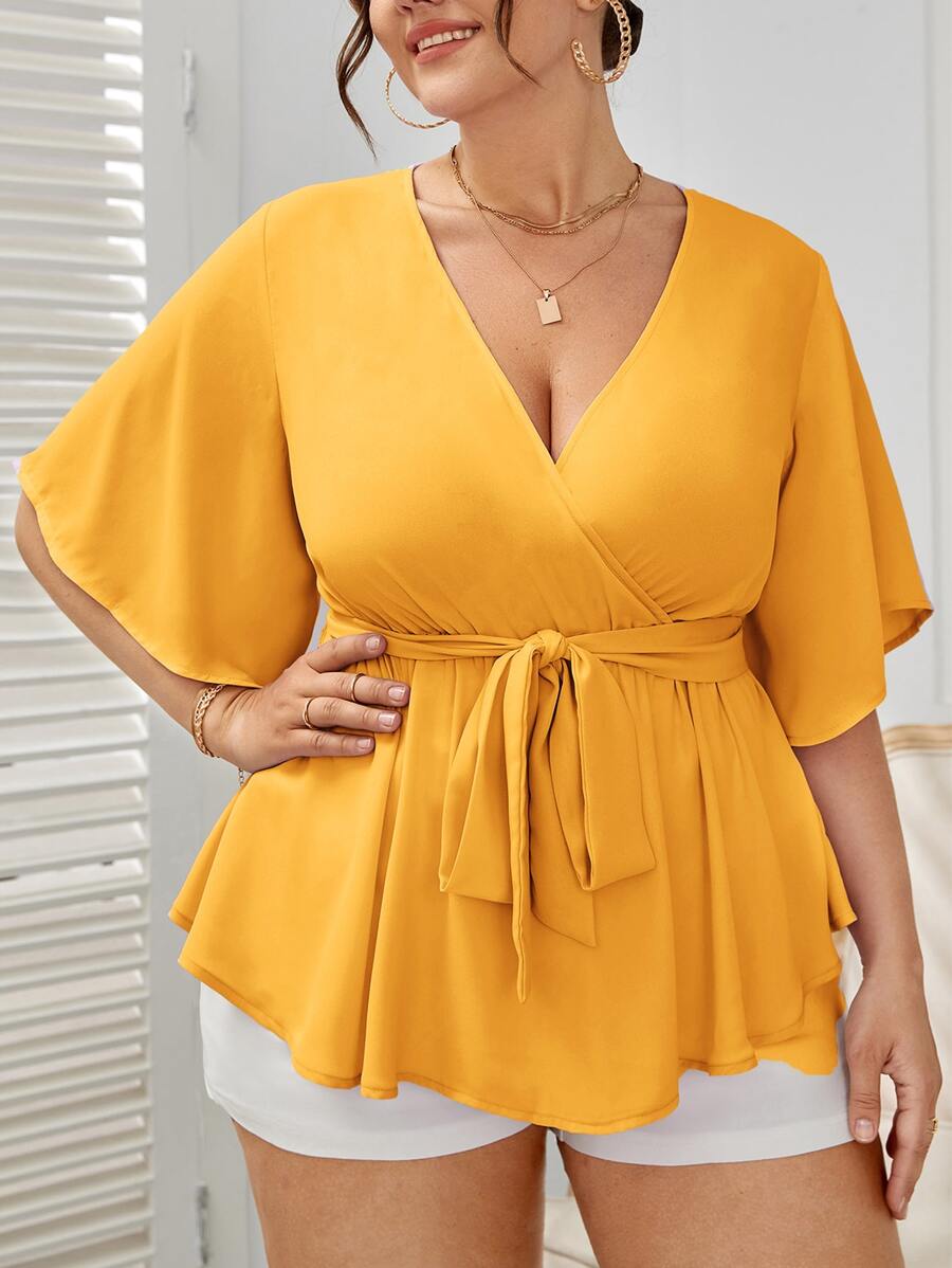 SHEIN Clasi Plus Ruffle Hem Wrap Blouse - Mustard Yellow - View 1