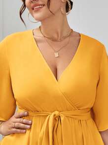 SHEIN Clasi Plus Ruffle Hem Wrap Blouse - Mustard Yellow - View 3