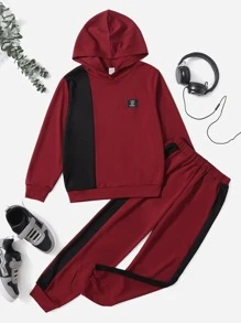 SHEIN Boys Patch Detail Hoodie & Joggers Set - Burgundy - View 1