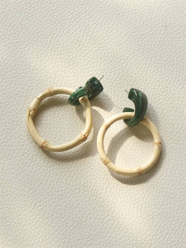 1pair Fashionable Wooden Bamboo Joint Drop Earrings For Women For Daily Decoration - Green - View 2
