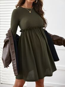 SHEIN Maternity Solid Frill Trim Dress - Army Green - View 1