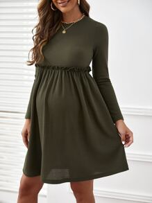 SHEIN Maternity Solid Frill Trim Dress - Army Green - View 2