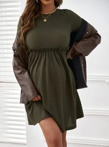 SHEIN Maternity Solid Frill Trim Dress - Army Green - View 5