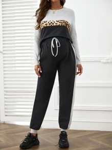 SHEIN Maternity Leopard Print Tee & Contrast Side Seam Joggers - Multicolor - View 2
