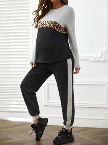 SHEIN Maternity Leopard Print Tee & Contrast Side Seam Joggers - Multicolor - View 3