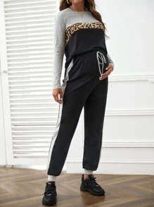 SHEIN Maternity Leopard Print Tee & Contrast Side Seam Joggers - Multicolor - View 5
