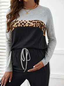 SHEIN Maternity Leopard Print Tee & Contrast Side Seam Joggers - Multicolor - View 6