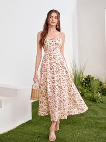 SHEIN VCAY Allover Floral Print Knot Shoulder Cami Dress - Apricot - View 1