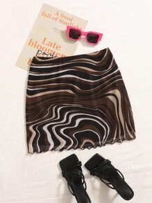 SHEIN EZwear Allover Print Lettuce Hem Mesh Skirt - Brown - View 1