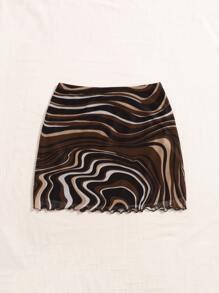 SHEIN EZwear Allover Print Lettuce Hem Mesh Skirt - Brown - View 2