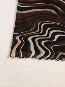 SHEIN EZwear Allover Print Lettuce Hem Mesh Skirt - Brown - View 3