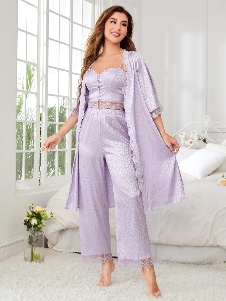 SHEIN Unity Leopard Jacquard Contrast Lace Sleep Trousers - Lilac Purple - View 1