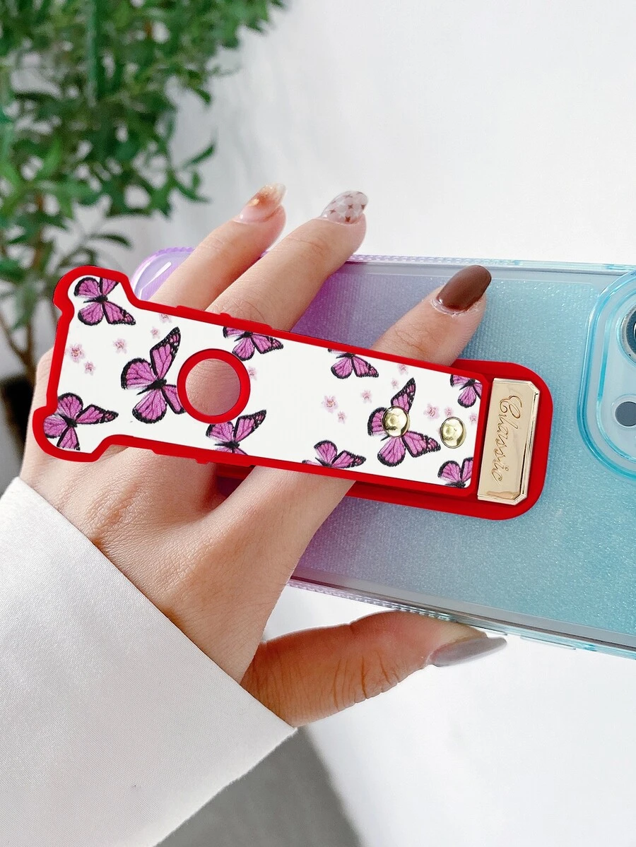 Butterfly Print Push Pull Phone Holder - Red - View 1