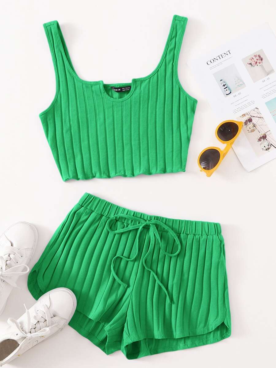 SHEIN EZwear Notch Neck Rib-knit Tank Top & Shorts Set - Green - View 1