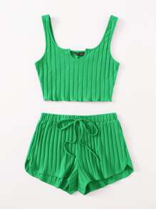 SHEIN EZwear Notch Neck Rib-knit Tank Top & Shorts Set - Green - View 3