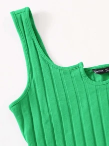 SHEIN EZwear Notch Neck Rib-knit Tank Top & Shorts Set - Green - View 4