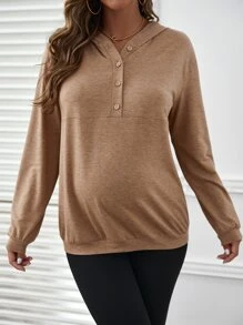 SHEIN Maternity Half Button Drop Shoulder Sweatshirt, For Winter - Camel - View 5